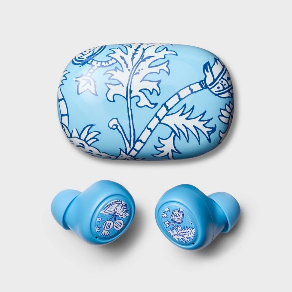 Roller Rabbit Blue floral vines wireless Earbud Headphones w case NEW
